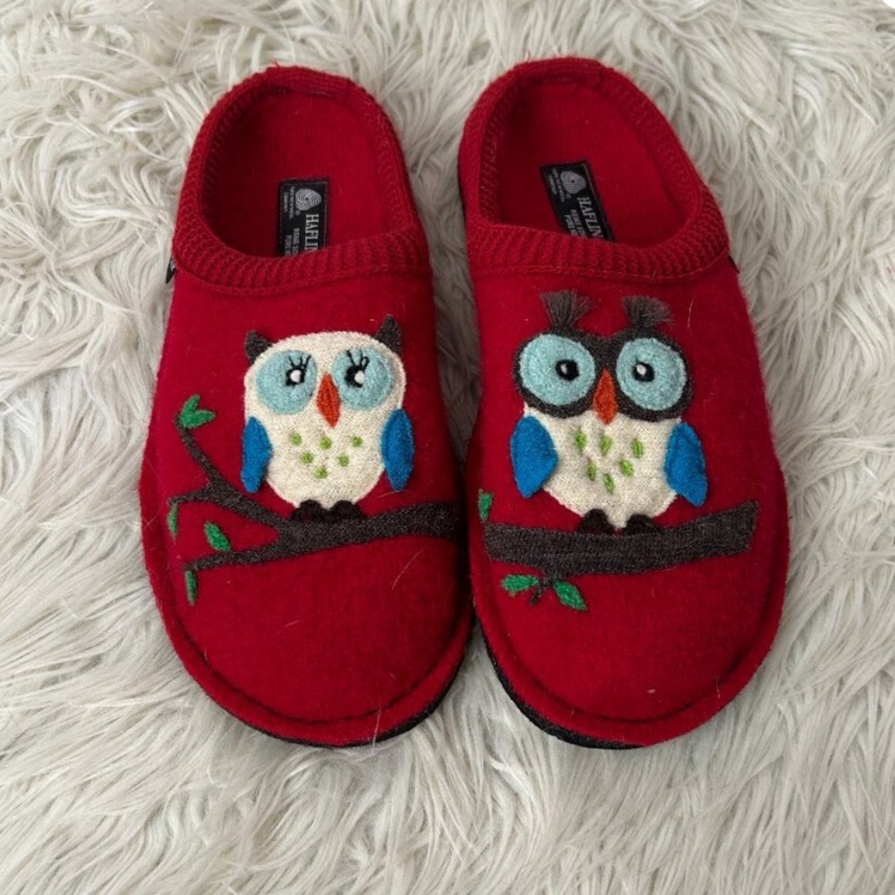 Haflinger Red Wool Slippers, Owls, 42
